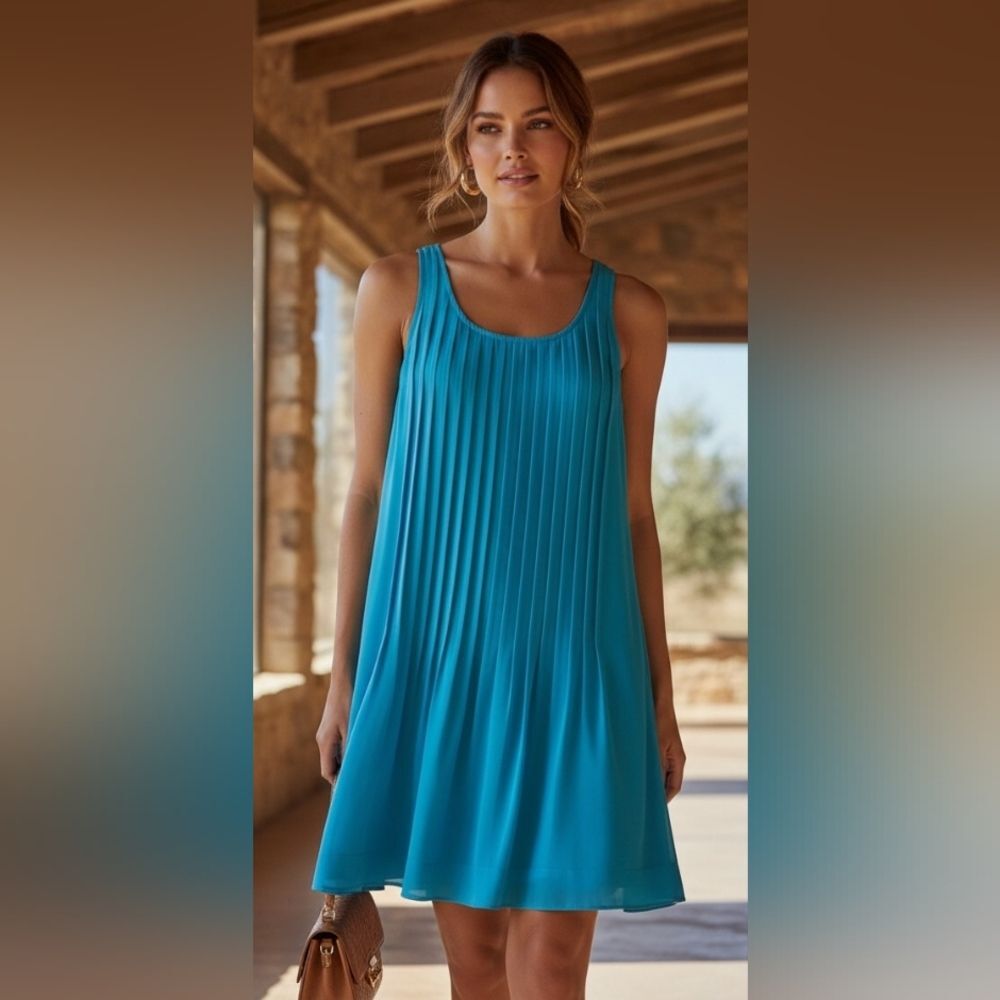 Lauren Ralph Lauren Pintucked Turquoise Blue Scoop Neck Dress Size 4